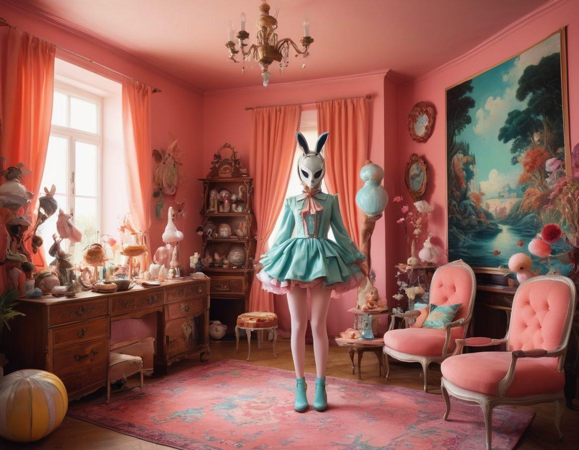 A surreal landscape blending elements of kink and bizarre fantasy, featuring colorful characters inspired by adult anime and fetish art. Include playful, whimsical elements like oversized props, masks, and intricate costumes that reflect various fetishes. The background should have a dreamlike quality with soft pastel colors and abstract shapes. Art style should evoke a combination of playful and edgy vibes. vibrant colors. digital art.