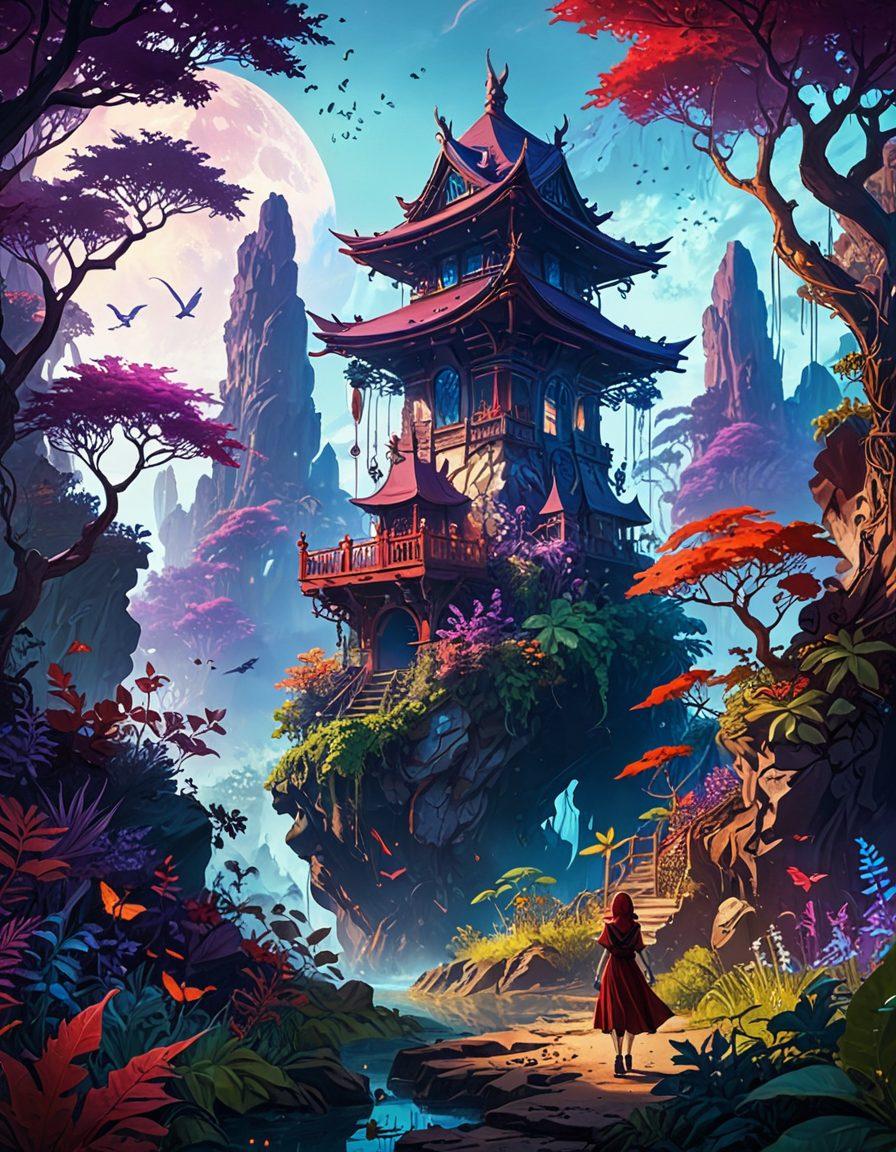 An adventurous scene showcasing a vibrant fantasy landscape filled with whimsical characters and rich textures, highlighting elements of adult anime and fetish art. Incorporate mystical creatures, playful yet alluring poses, and an array of bold colors that evoke both intrigue and excitement. Surround the characters with lush vegetation and fantastical structures to emphasize the wild theme. Include hints of surrealism to enhance the fantasy aspect. vivid colors. surreal style. digital art.