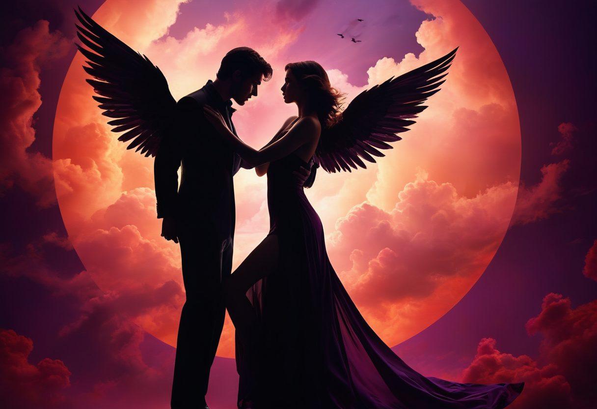 An alluring and tastefully designed graphic showcasing an abstract representation of sensuality, featuring silhouettes of diverse couples in passionate embraces. The background should be a gradient of deep purples and passionate reds, with soft glowing lights creating an ethereal atmosphere. Include subtle hints of fantasy elements such as ethereal wings or soft clouds around the figures. Emphasize a balance between sensuality and elegance to maintain a sophisticated allure. vibrant colors. super-realistic.